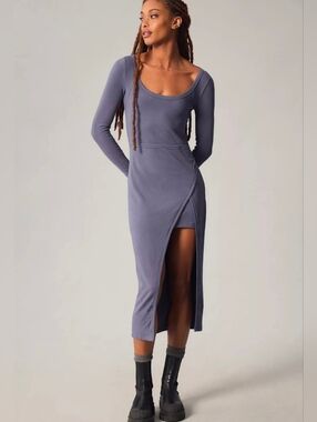 Daily Practice by Anthropologie Faux Wrap Ribbed Midi Dress Blue Womens Medium